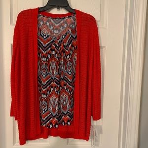 Alfred Dunner Women’s Red Knit Open Cardigan Multi Print Top - Twinset Twofer